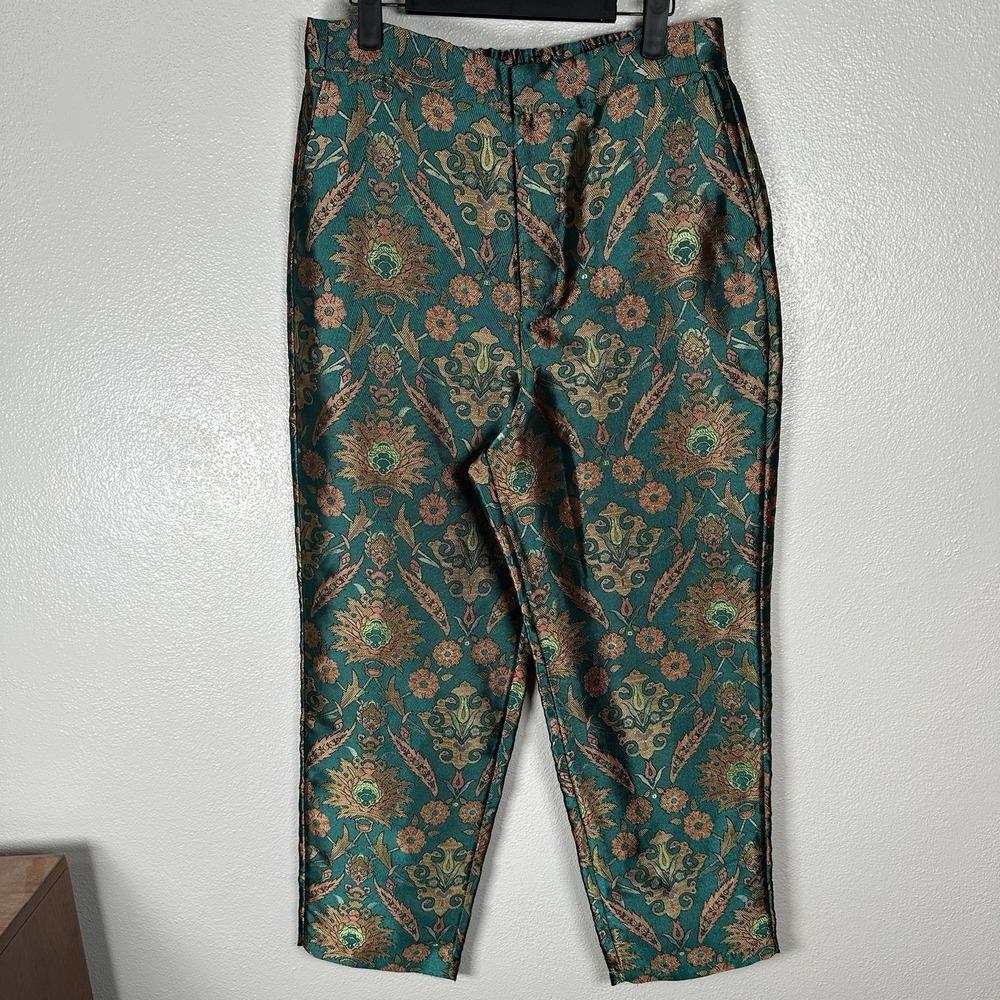 Anthropologie Maeve Melyssa Jacquard Metallic Tapestry Trousers Size Medium Teal
